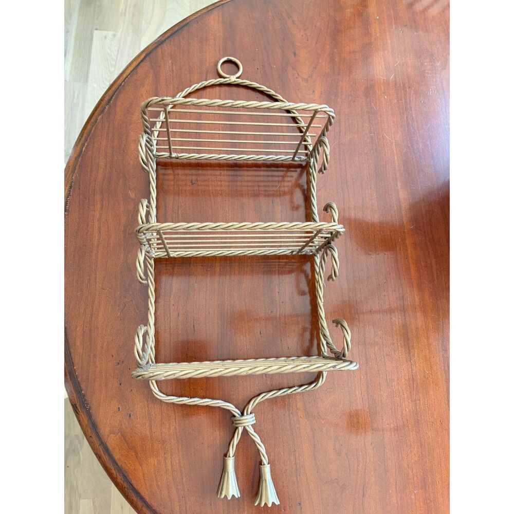Vintage Hollywood Regency 3 Tier Gold Metal Twisted Rope Wall Shelf Homco Gold - Picture 2 of 5